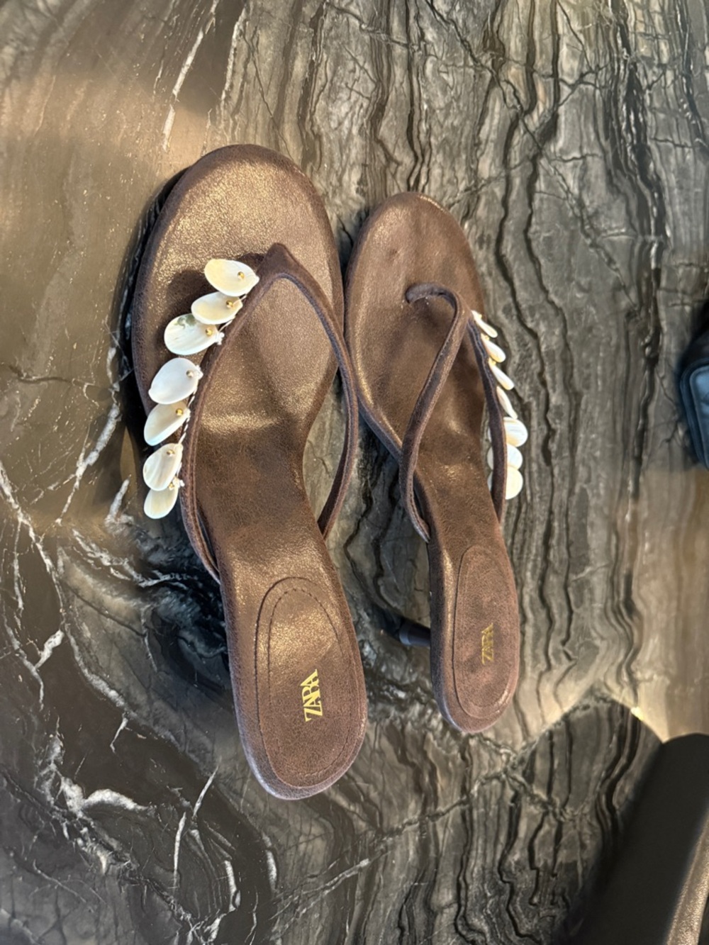Zara Dark Brown Shell-Trim Thong Sandals
